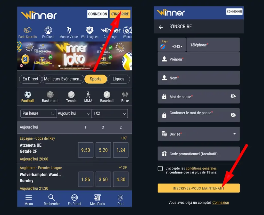 Créer un compte dans l'application Winner bet