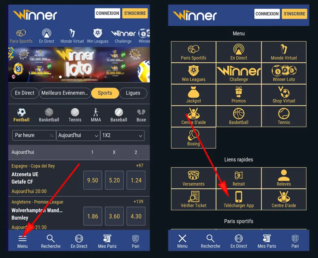 Télécharger l'application Winner bet sur le site officiel